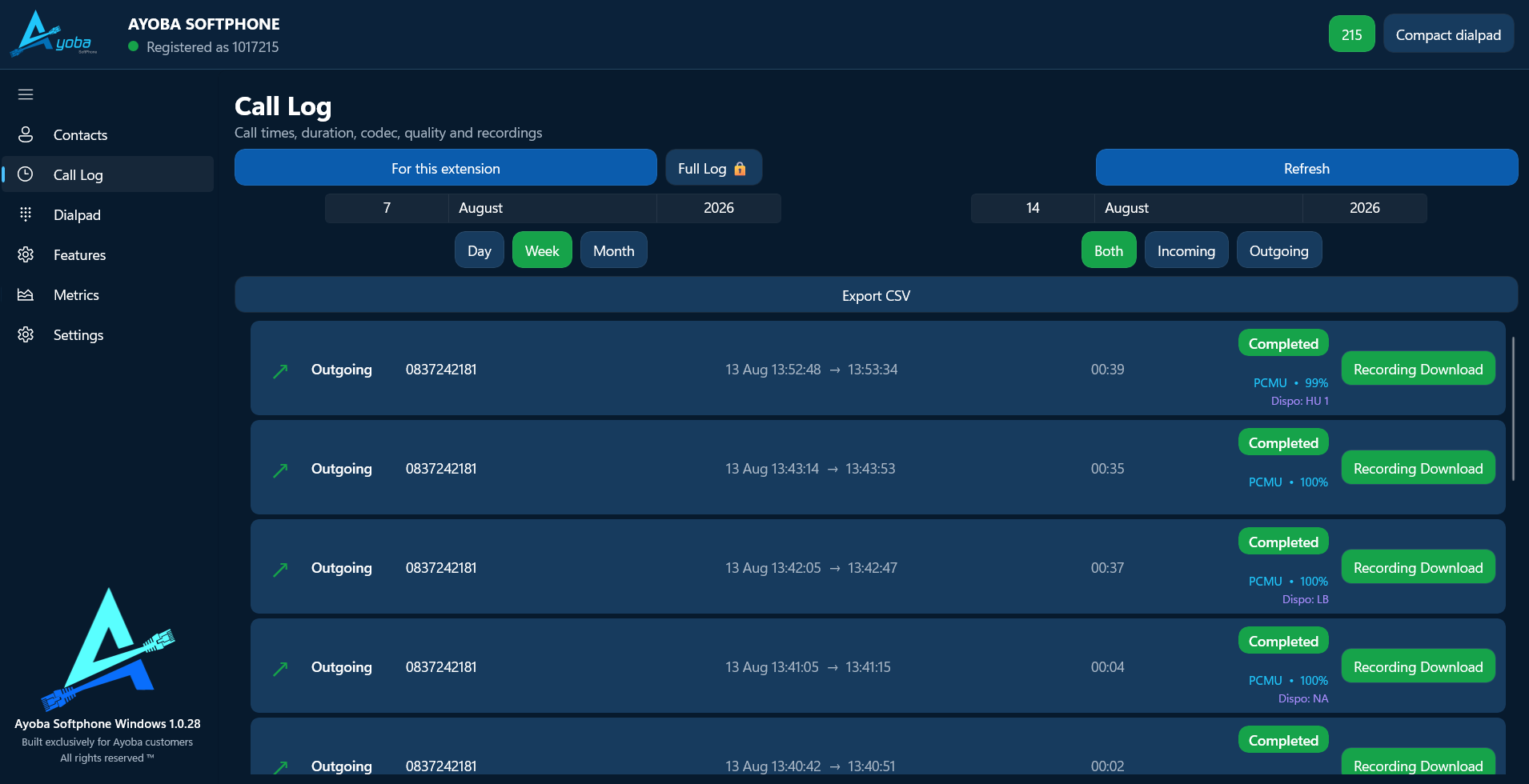 Ayoba Softphone call log and recording history