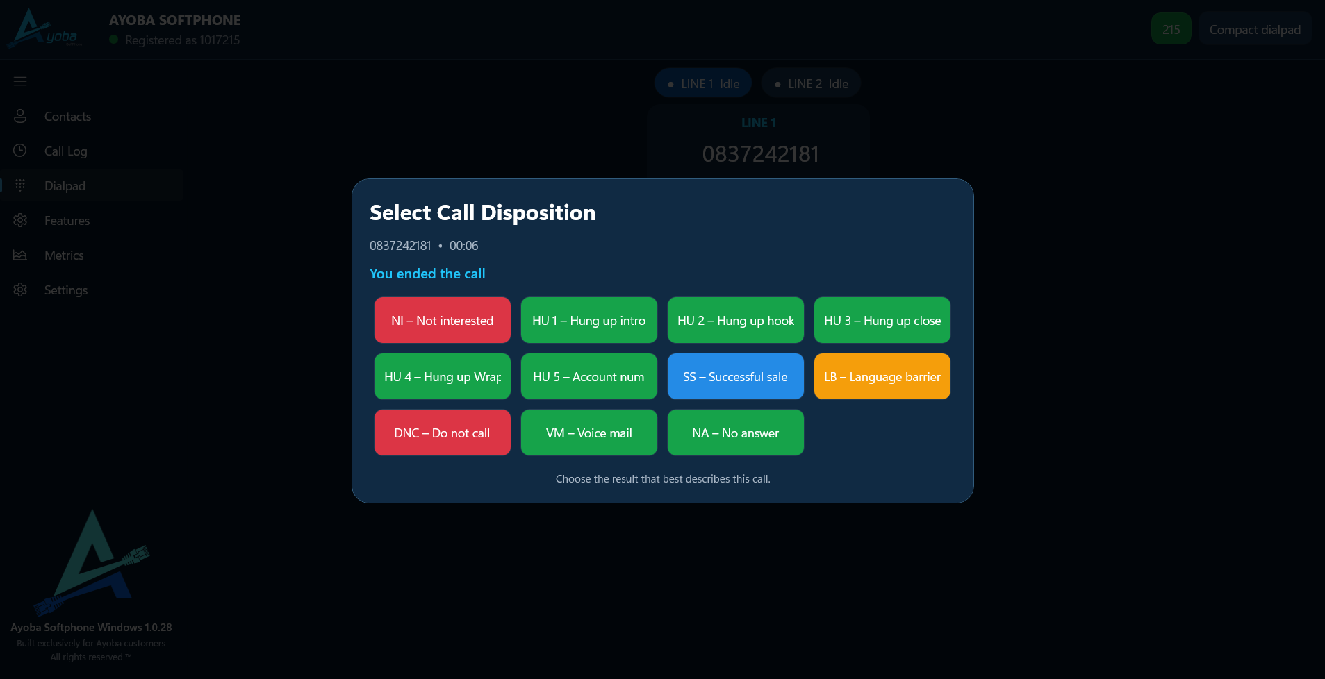 Ayoba Softphone sales disposition pop-up